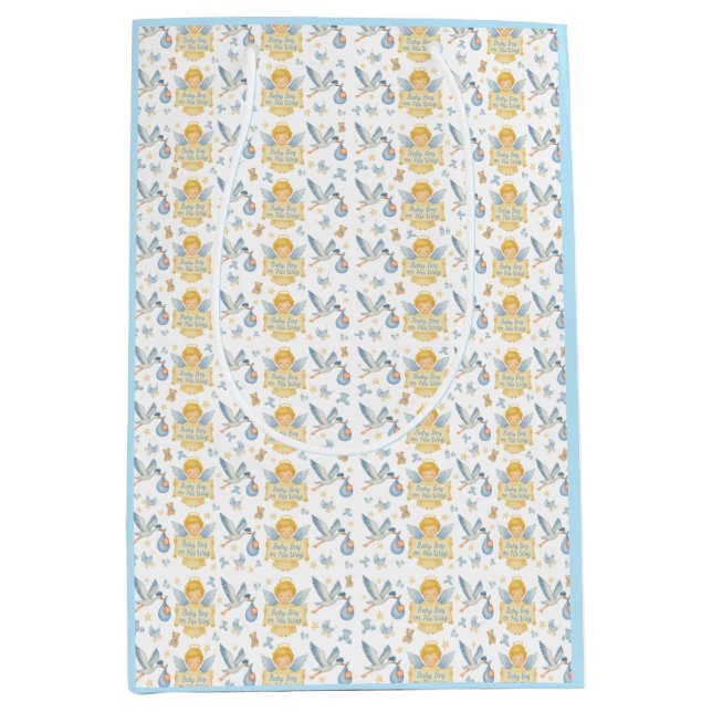 Ankündigung des Baby Boy Stork Angel Mittlere Geschenktüte (Vorderseite)