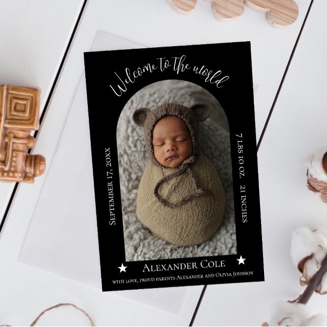 Ankündigung des Fotos "Black Simple Arch Frame" (Black Simple Arch Frame Photo Birth Announcement)