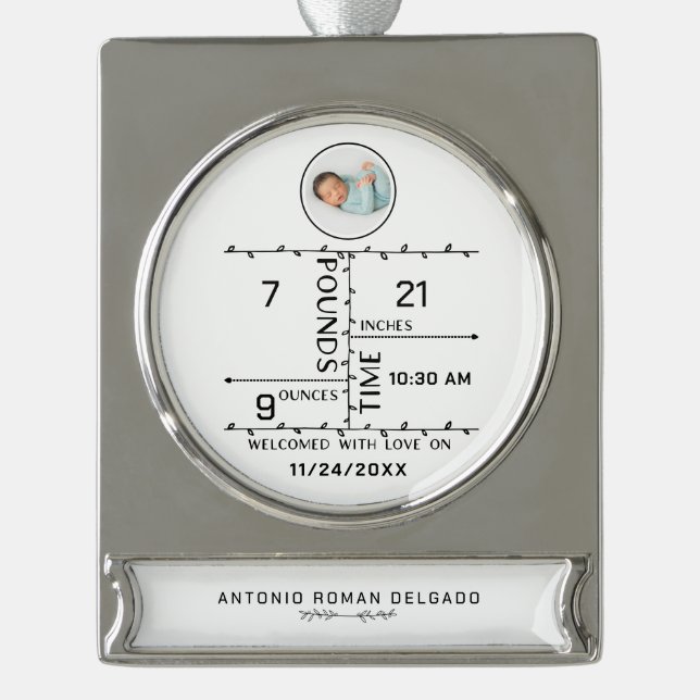 Ankündigung des Fotos für Neugeborene Banner-Ornament Silber (Vorderseite)