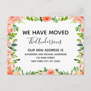 Ankündigung des Haushalts Peach Coral Floral Movin Postkarte
