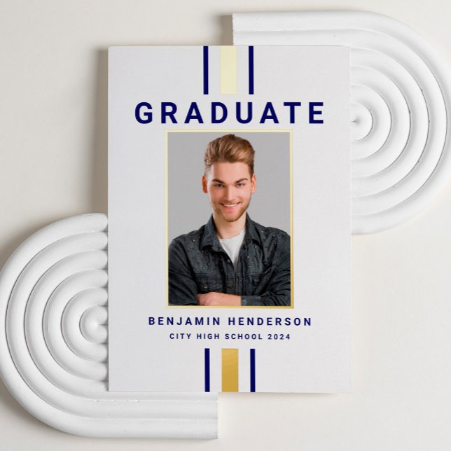 Ankündigung des modernen Navy Blue Gold Abschluss (Custom Photo Modern Navy Blue Gold Graduation Announcement Card.)