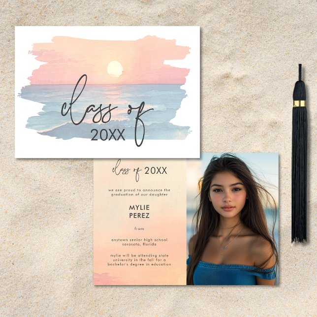 Ankündigung des modernen Ocean Sunset Beach Abschl (Modern Ocean Sunset Beach Graduation Announcement)