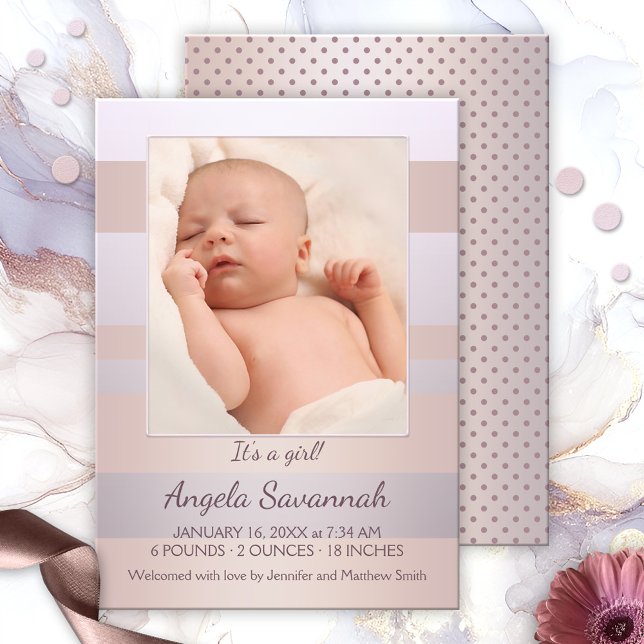 Ankündigung des modernen Pastel Stripe Baby Girl F (Baby girl photo announcement featuring your own favorite photo, framed by soft pastel peach and pink)