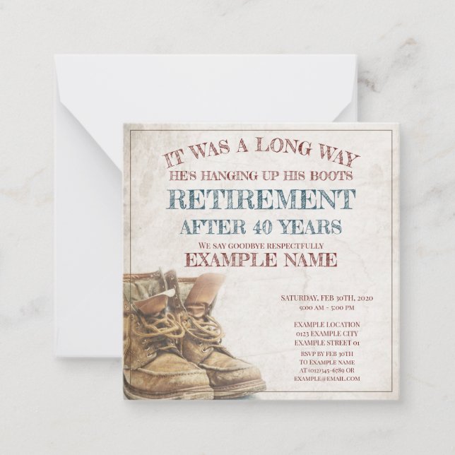 Ankündigung des Ruhestands mit alten Stiefeln (Vorderseite)