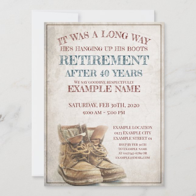 Ankündigung des Ruhestands mit alten Stiefeln (Vorderseite)