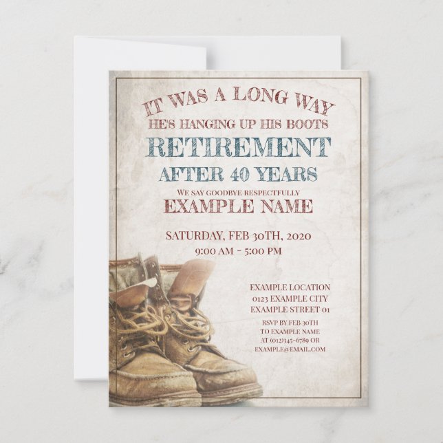 Ankündigung des Ruhestands mit alten Stiefeln (Vorderseite)