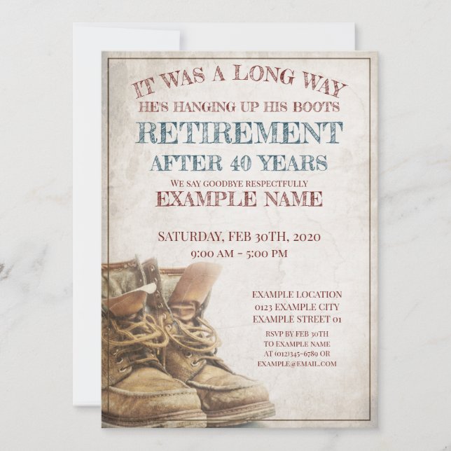 Ankündigung des Ruhestands mit alten Stiefeln (Vorderseite)