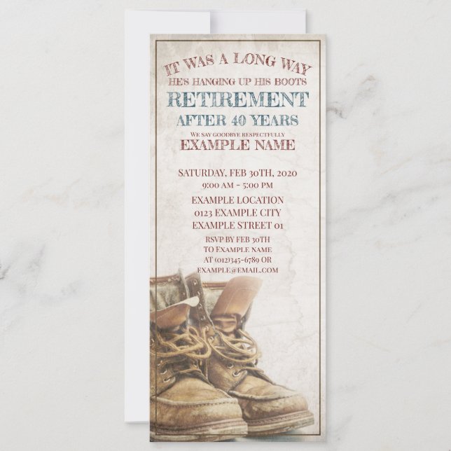 Ankündigung des Ruhestands mit alten Stiefeln (Vorderseite)