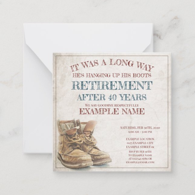 Ankündigung des Ruhestands mit alten Stiefeln (Vorderseite)