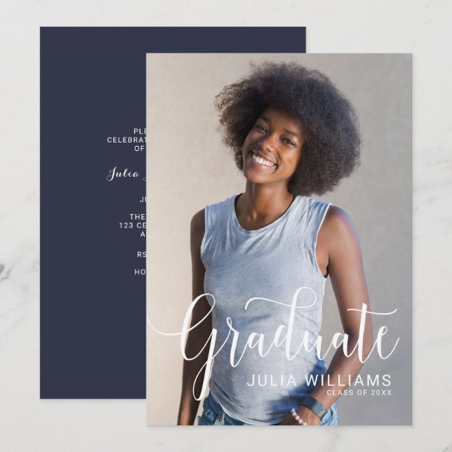Ankündigung einer hübschen Cursive Foto Graduation (Vorne/Hinten)