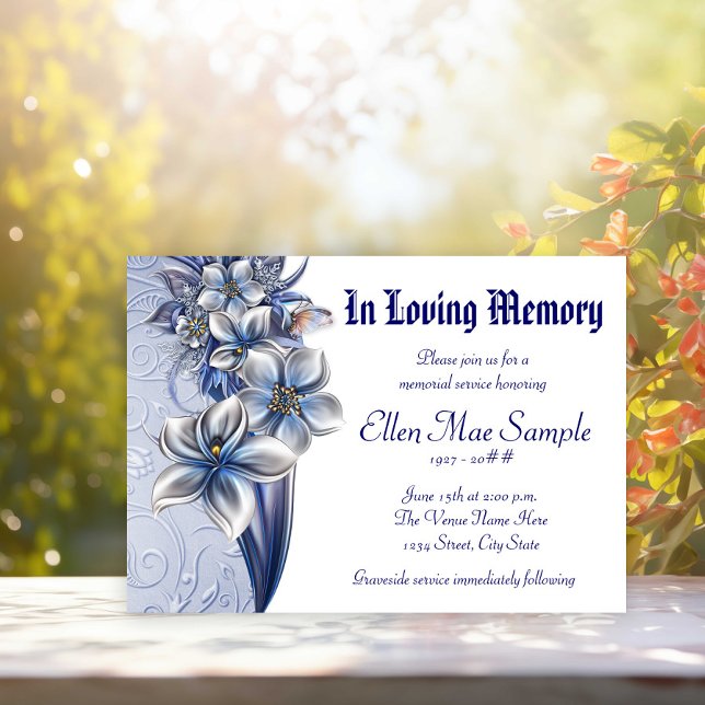 Ankündigung eines eleganten Blue Memorial Service (Pretty blue floral memorial and funeral invitation notice. Simply add your event details.)