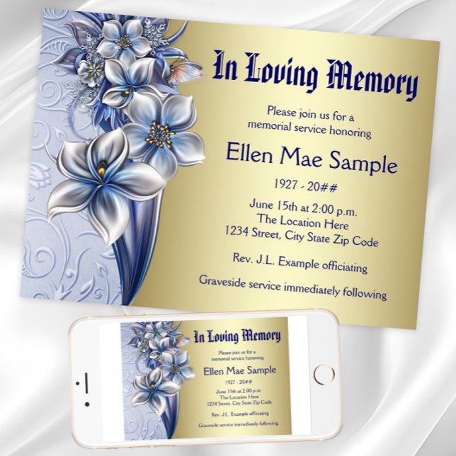 Ankündigung eines eleganten Blue Memorial Service (Blue and gold memorial service invitation and announcement. Download and printed available.)