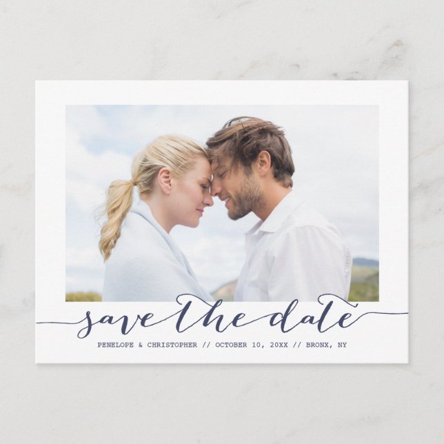 Ankündigung eines Navy-Script-Foto- Save the Date (Vorderseite)