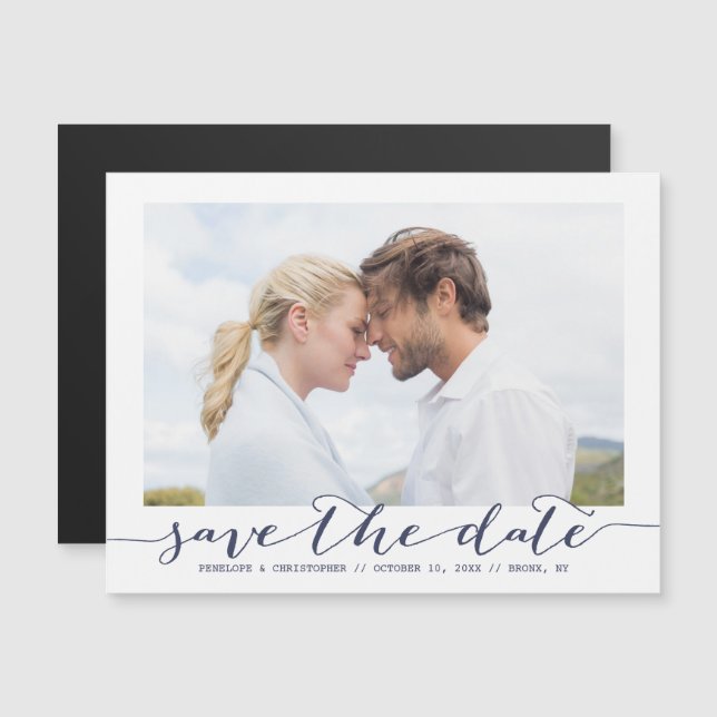 Ankündigung eines Navy-Script-Foto- Save the Date (Vorne/Hinten)