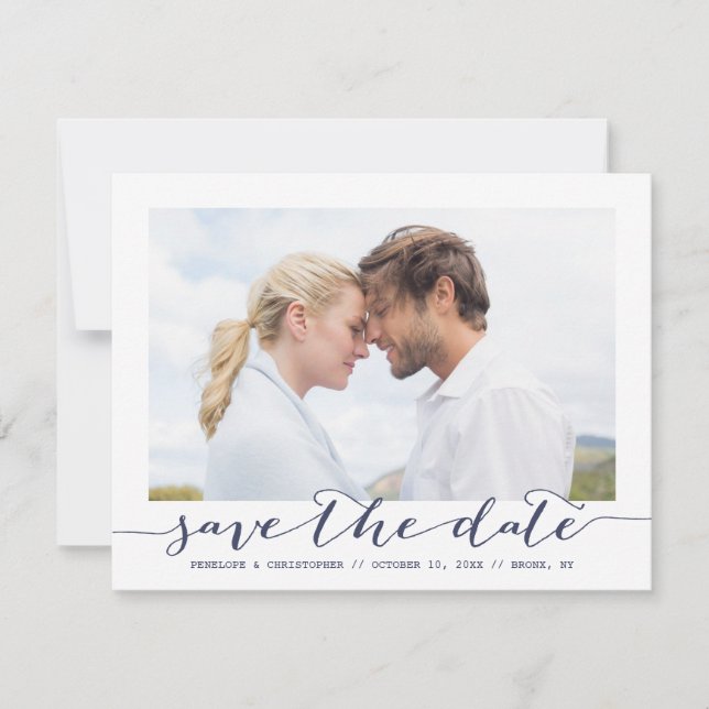 Ankündigung eines Navy-Script-Foto- Save the Date (Vorderseite)