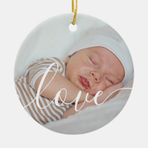 Ankündigung mit Baby-Fotos und weißer Schrift Keramik Ornament