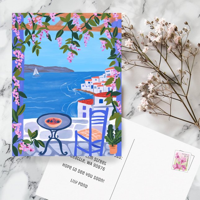 ANKÜNDIGUNG Neue Zuhause Island Terrasse Griechisc Postkarte (MOVING ANNOUNCEMENT New Home Address Island Terrace Sea Views Greek Greece Postcard
)