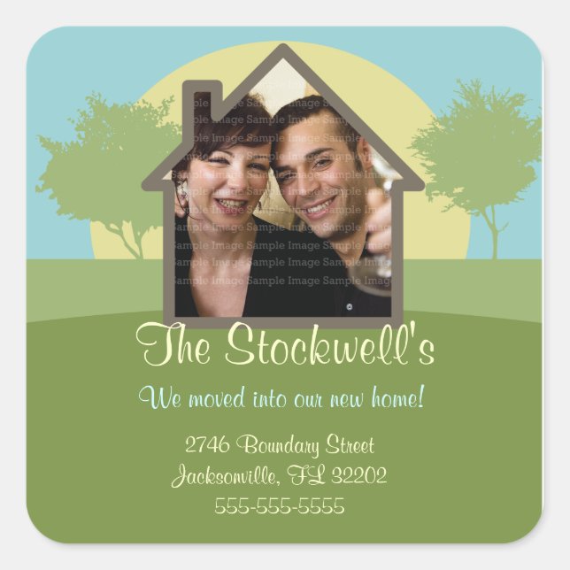 Ankündigung neuer Zuhause-aufkommender Sonnenfoto- Quadratischer Aufkleber (Vorderseite)