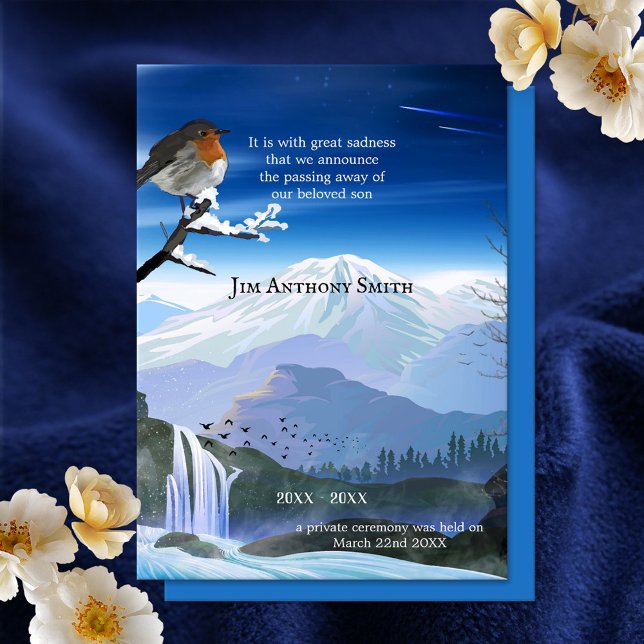 Ankündigung oder Einladung von Kindertod (Memorial or child death announcement card with a robin overlooking the mountains and waterfall)