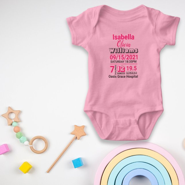 Ankündigung rosa Geburtsdaten Baby Strampler (pink family name baby birth stats announcement baby bodysuit)