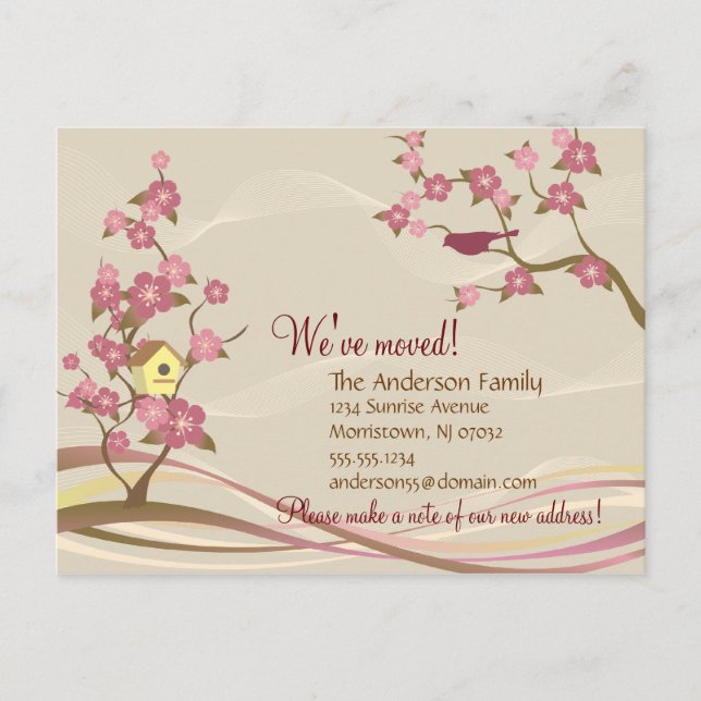 Ankündigung über den Umzug des Vogelhauses Postkar (Vorderseite)