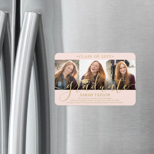 Ankündigung von 3 Foto Blush Pink & Gold Abschluss Magnet (Von Creator hochgeladen)