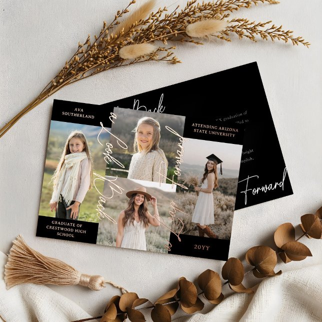 Ankündigung von Abschluss Then & Now Fotocollage (Graduation Then & Now Photo Collage Black Announcement)