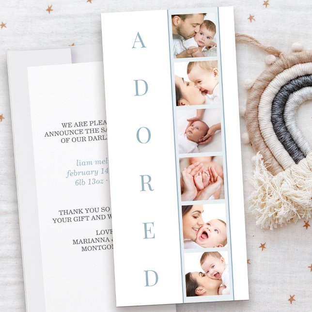 Ankündigung von ADORED Stats Multi Foto Boy Geburt (Adored Baby Birth Announcement in blue with 6 photos and personal message)
