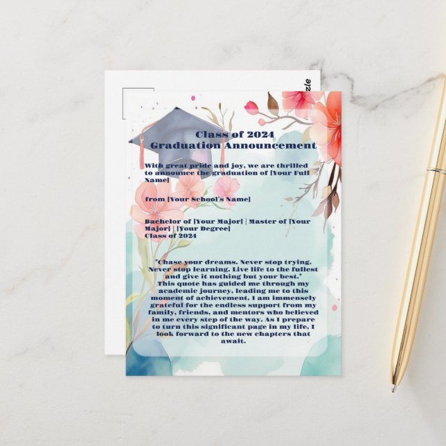 Ankündigung von Aquarellfarben-Abschlüssen Postkarte (Vorderseite/Rückseite Beispiel)