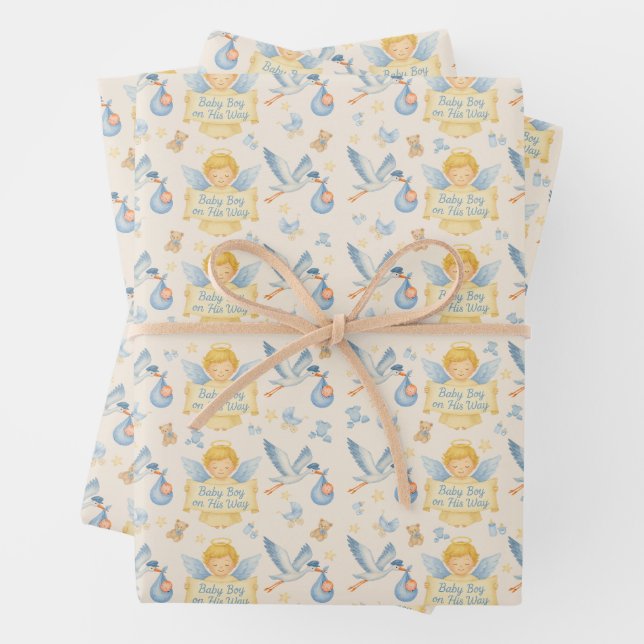 Ankündigung von Baby Boy Angel Stork Geschenkpapier Set (Beispiel)
