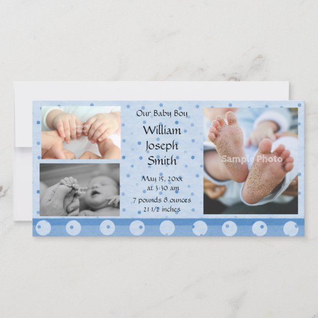 Ankündigung von Baby Boy Blue Polka Dot Foto Card (Vorderseite)