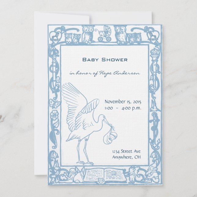 Ankündigung von Baby Boy Stork & Owl Border Shower (Vorderseite)