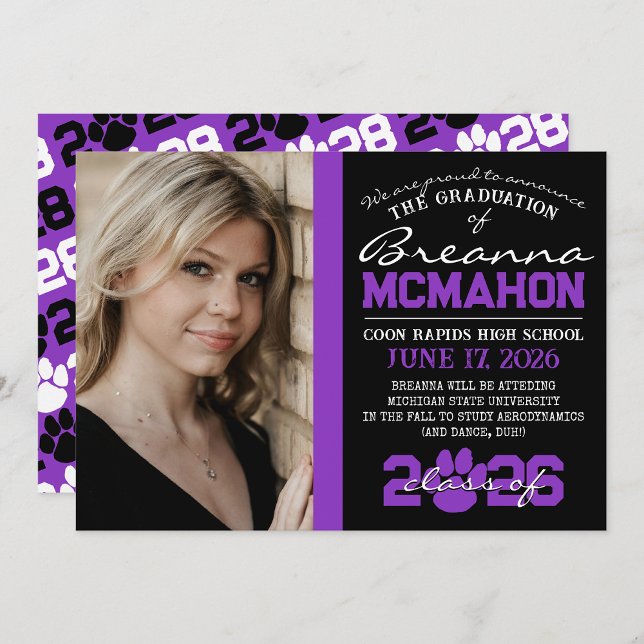 Ankündigung von Black & Lila Paw Print Abschluss ( Repeating Class Year 1 & 2 Photo Graduation Invitations & Announcements)