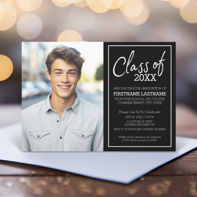 Ankündigung von Black & White Trendy Abschluss Fot (Graduation Announcement and Party Invite)