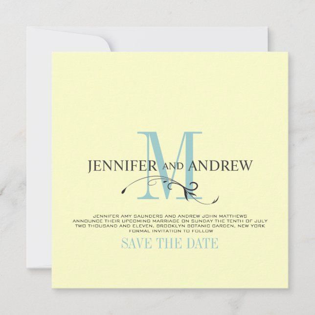 Ankündigung von Blue Cream Save the Date Monogram (Vorderseite)