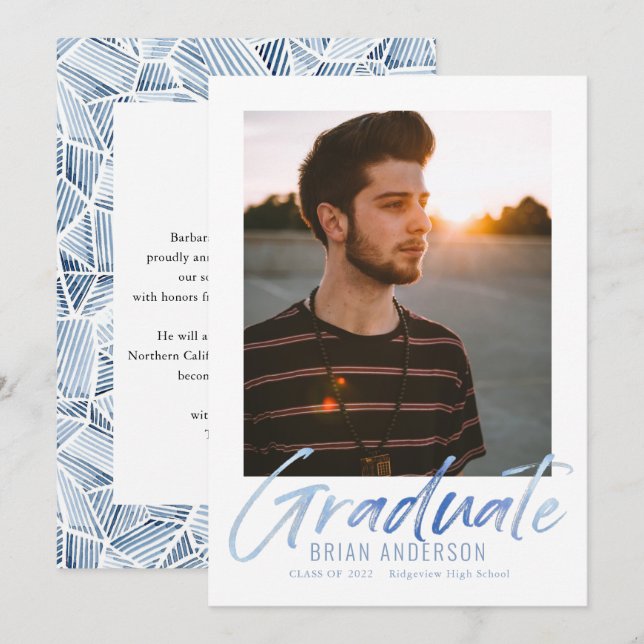 Ankündigung von Blue Handwriting Foto Abschluss (Vorne/Hinten)