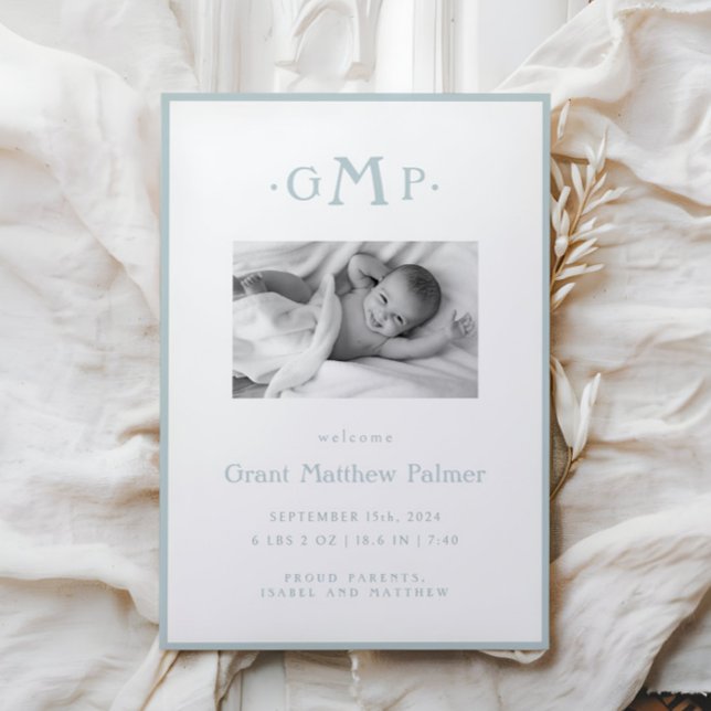 Ankündigung von Blue Monogram Boy Baby (Von Creator hochgeladen)