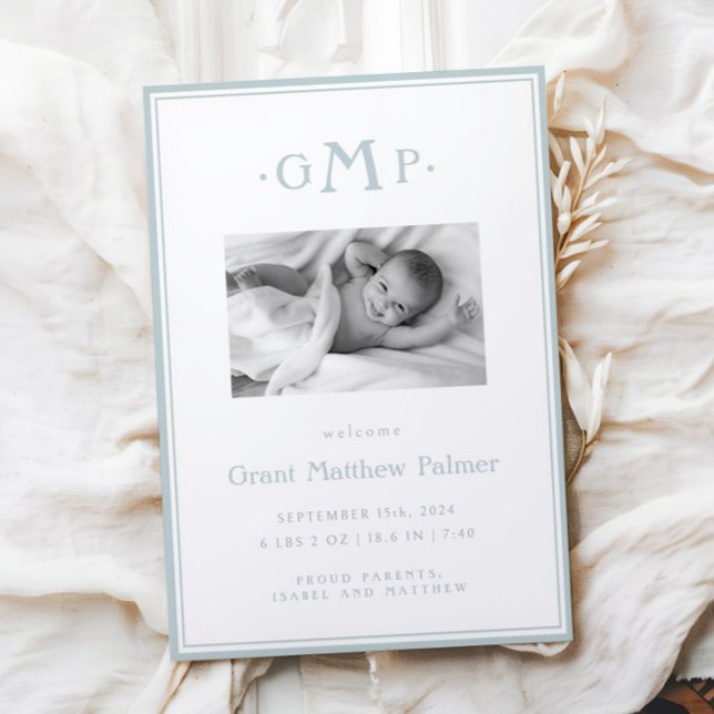 Ankündigung von Blue Monogram Boy Baby (Von Creator hochgeladen)