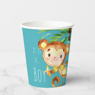 Ankündigung von Blue Niedlich Monkey Baby Boy Pappbecher