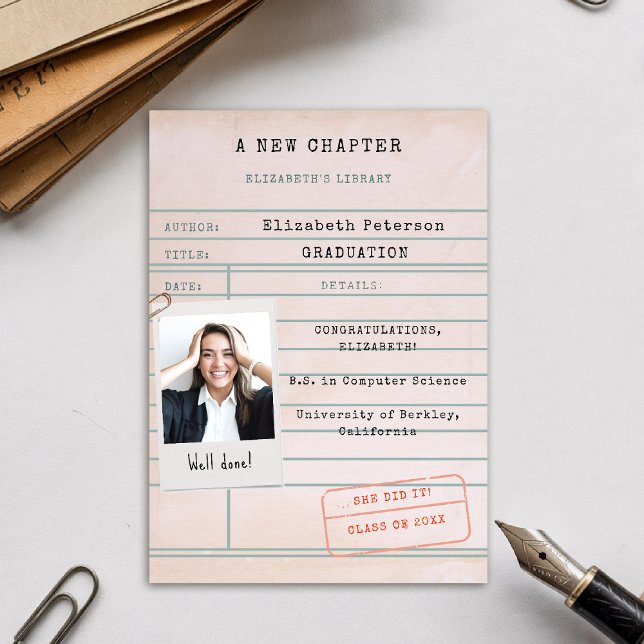 Ankündigung von Book Library Card Foto Abschluss (graduation announcement vintage library card polaroid photo template bookish bookworm book lover)