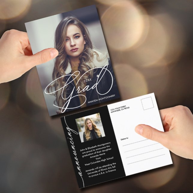 Ankündigung von Elegant Grad Script Foto Abschluss Postkarte (Von Creator hochgeladen)