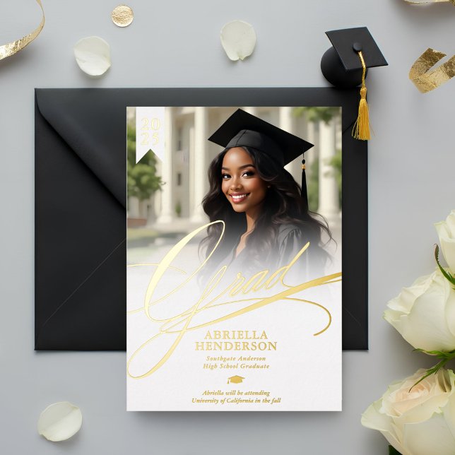 Ankündigung von eleganten und formalen Skript-Absc (Elegant Foil Graduation Announcement with Photo)