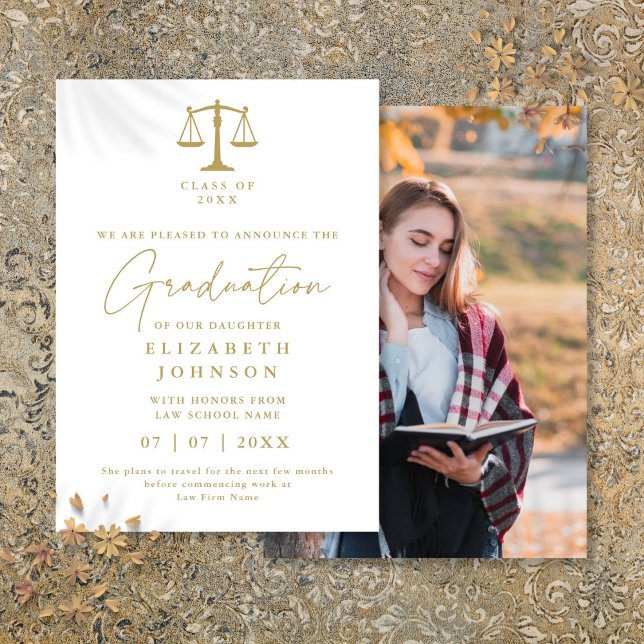 Ankündigung von Foto-Abschluss für das Weiß- und G (White And Gold Law Graduation Photo Announcement)