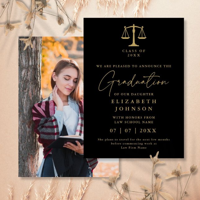 Ankündigung von Foto-Abschluss für Schwarz- und Go (Black And Gold Law Graduation Photo Announcement)