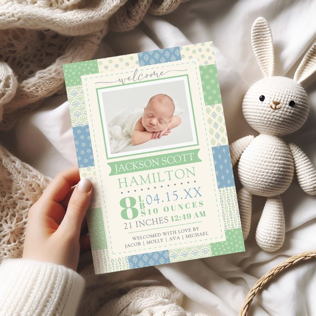 Ankündigung von Foto Blue und Green Birth (Photo Blue and Green Quilt Birth Announcement)