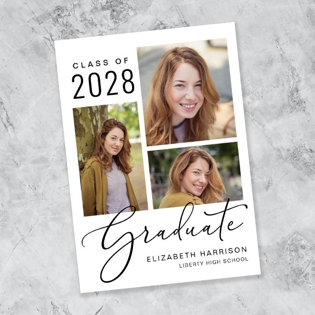 Ankündigung von Foto Collage Script-Abschlüssen (An elegant photo collage graduation announcement to celebrate the graduate's achievements)