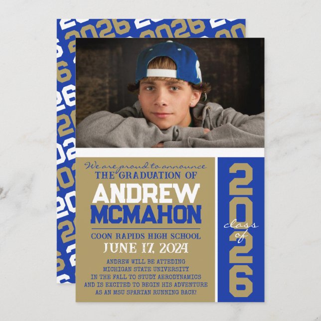 Ankündigung von Gold & Blue Modern Abschluss Foto (Vorne/Hinten)