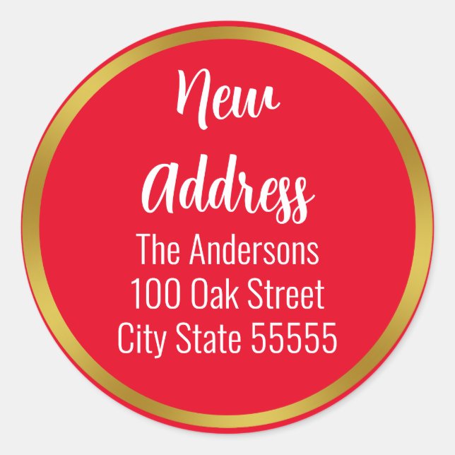 Ankündigung von Holiday Red White and Gold Moving Runder Aufkleber (Vorderseite)