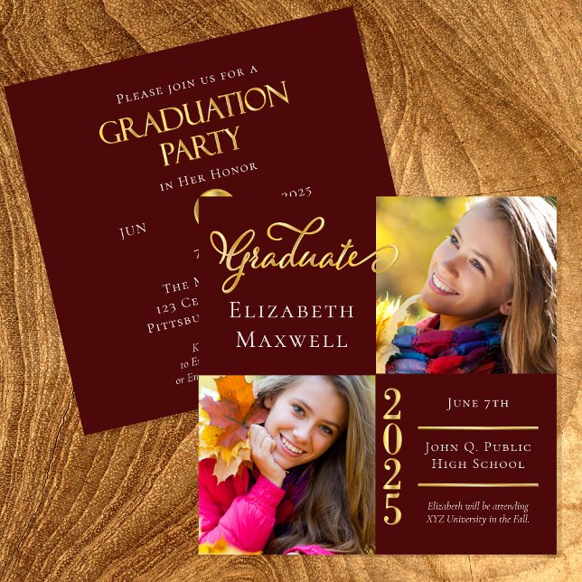Ankündigung von Maroon Gold Foto Abschluss | PARTY (Elegant Maroon and Gold Tone Two Photo Collage Graduation Announcement and Party Invitation Combo)