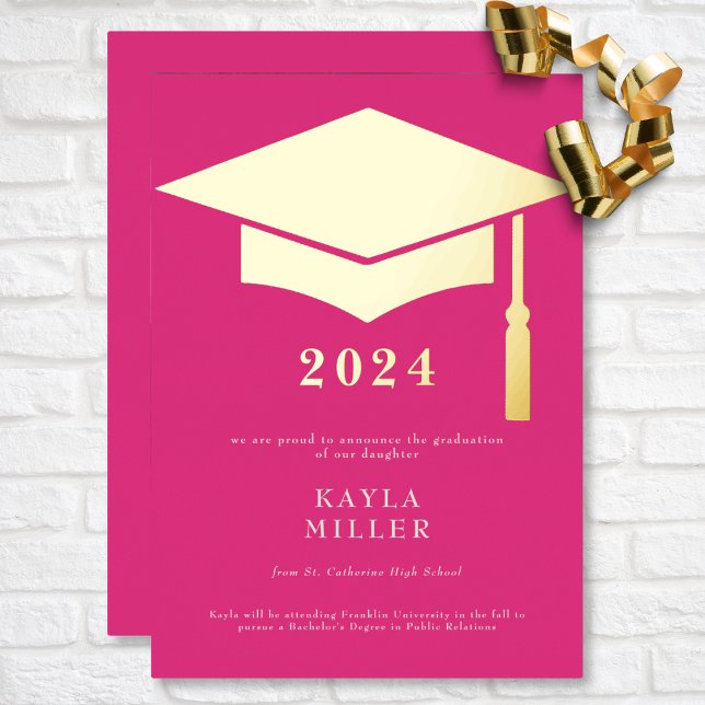Ankündigung von Minimal Hot Pink White Gold Cap Gr (Minimal Hot Pink & White Gold Cap Graduation Foil Invitation)